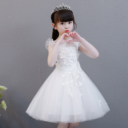 Xiaoka Yi Nong girls princess dress tutu yarn children's small host evening dress flower girl wedding dress piano performance suit kindergarten summer white 804B3 short section 130cm