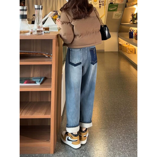 Cotton plus velvet thickened retro straight jeans for women in autumn and winter new high-waisted loose slim harem casual pants retro blue 8668 plus velvet high quality 38 L 105-120Jin Jin is equal to 0.5 kg