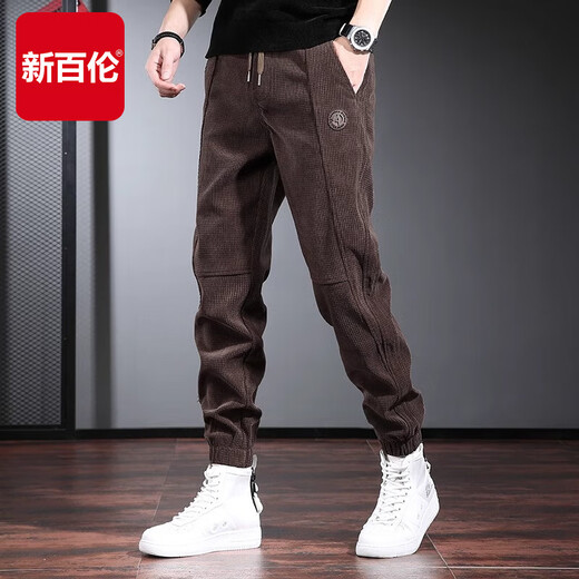 新百伦休闲裤男灯芯绒秋季新款潮牌宽松百搭束脚裤冬季加绒哈伦长裤子男 咖啡常规 XL