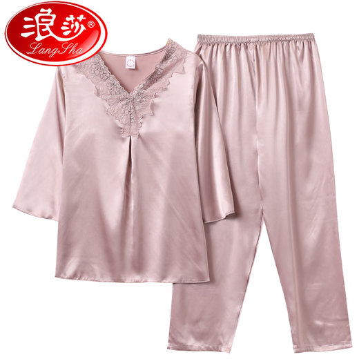 浪莎（LangSha）春夏季中年妈妈睡衣女秋冰丝可外穿婆婆真丝绸薄款中老年人两件套 AR684粉 2XL码建议【120-145斤】