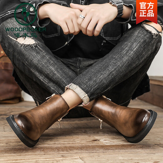 Woodpecker Autumn and Winter Martin Boots Men's Fleece Chelsea Men's Boots Low Top British Style Retro Pointed toe Medium and High Top Leather Shoes Short Boots Black 38 (240mm)