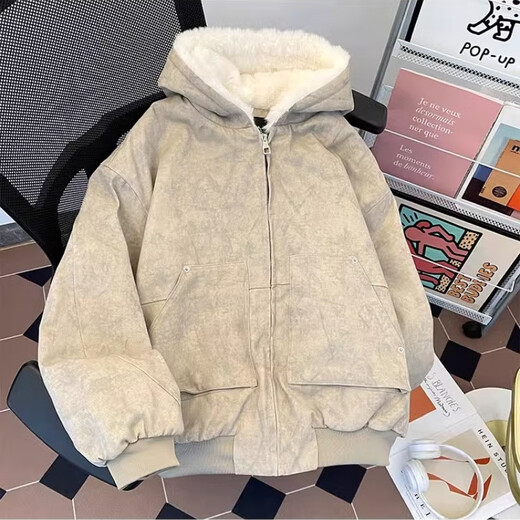 Yiran presents winter velvet thickened hooded cotton coat for men, old American high street retro youth sports warm trendy brand cotton coat, gray apricot M recommended 105-120 Jin Jin equals 0.5 kg