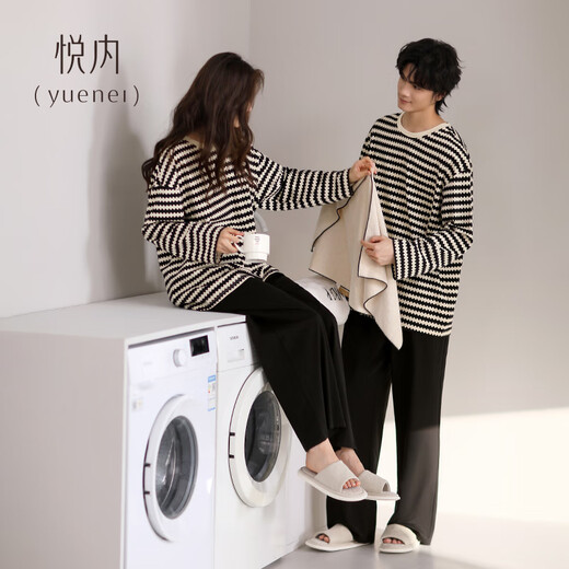 Yuenei Couple Pajamas Men's Spring and Autumn Autumn Pure Cotton Long-Sleeved Home Clothes Women's Striped Casual Casual Outer Suit 91321 Wave Pattern Men's XL (Male 140-160 Jin Jin equals 0.5 kg / Female 120-140 Jin Jin equals 0.5 kg)