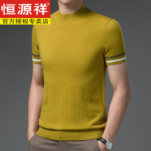 恒源祥男装青年半高领短袖100纯羊毛衫男半袖纯羊毛衣秋冬季打底针织衫T 9711黑色 165