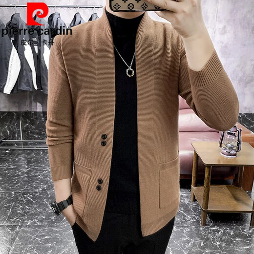 Pierre Cardin brand wool cardigan men's trendy slim jacket 2025 spring and autumn thickened men's knitted cardigan sweater jacket dark gray L
