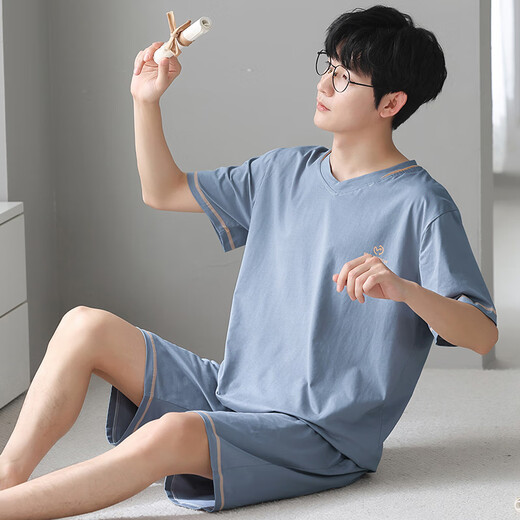Langsha men's pajamas ice silk modal touch can be worn outside summer V-neck simple casual home clothing set 3518 L