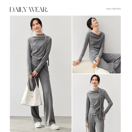 Chandubila fashionable and elegant lace-up one-line collar pleated waist top straight wide-leg pants suit dark gray M