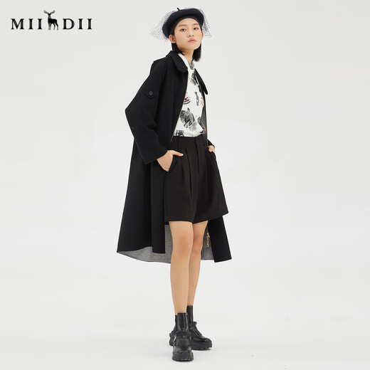 谜底2022冬季新品复古优雅长款宽松羊毛呢大衣外套女229MD6195 黑色 M