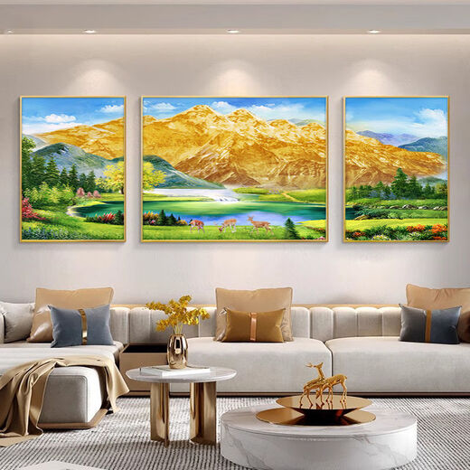 Volver a la sala de estar Jinshan pintura colgante pintura paisajismo sofá fondo decoración de la pared pintura enorme feng shui west pared triptainting 12596 [marco de aleación de aluminio dorado] medio 110*90 lado 70*90 [diamantes de porcelana cristalina tridimensional diamantes incrustados