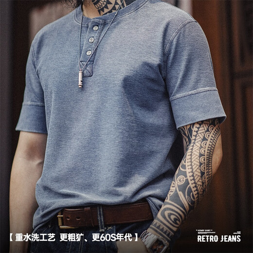 Maden Workwear American Retro Og Strick Denim Henry Shirt Ami Kaji alter harter Kerl kurzärmeligte T-Shirt Herren Sommer Indigo (gewaschen blau) m