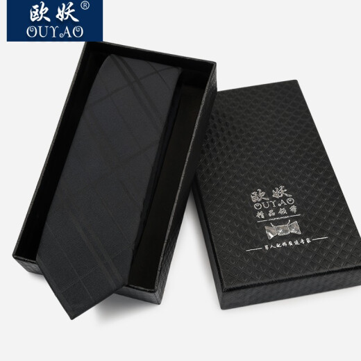 Ouyao's new casual tie for men, Korean style, wedding, work, narrow version, 6cm black striped plaid small tie gift box with trendy black stripes