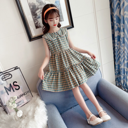 Qiao Gongju Children's Clothing Girls Dress Summer Clothes 2021 New Children's Plaid Skirt Korean Style Western Princess Skirt Fashion Skirt for Big Children and Little Girls Trendy Green 140 Size Recommended Height of About 130 Centimeters