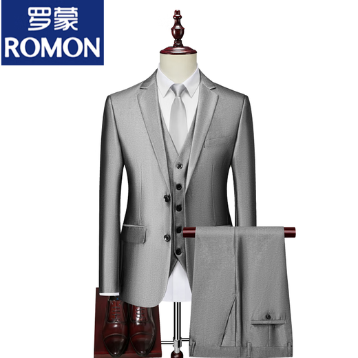 ROMON suit men's Korean style slim three-piece suit groomsmen and groom wedding dress silver gray two-button silver gray suit + trousers + 160/XS weight 90-100Jin Jin equals 0.5 kg