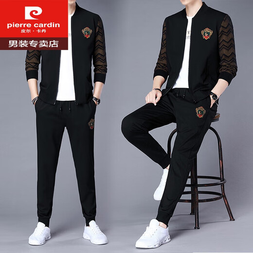 皮尔卡丹（pierre cardin）运动套装男春秋新款含桑蚕丝时尚帅气卫衣长裤休闲两件套针织 黑色套装 6628 3XL 185/96A
