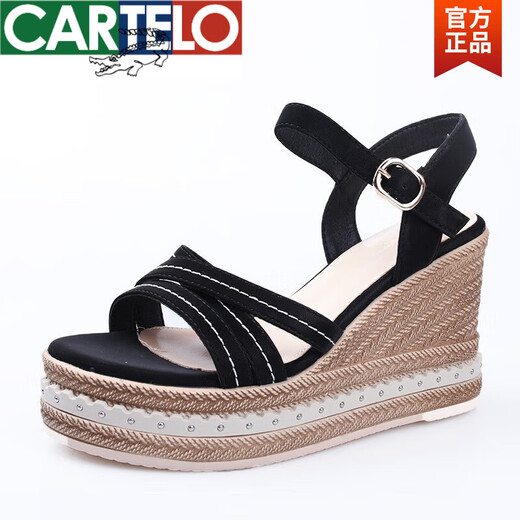 卡帝乐鳄鱼（CARTELO）品牌高档女凉鞋厚底坡跟凉鞋女夏季高跟鱼嘴女鞋子增高松糕女凉鞋 黑色 37