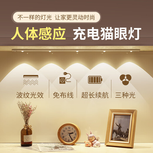 Qifan LED human body sensor lamp with charging wireless kitchen wardrobe cabinet shoe cabinet entrance cat eye lamp hill ripple lamp 1 pack ultra-thin 40CM black shell/3 lamp beads