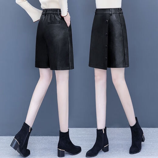 Bao Qiaoxu Pu leather shorts for women in autumn and winter trousers 2024 high waist wear wide-leg five-minute skirt pants fake two-piece boot leather pants 9920 regular style L suggests 110120Jin[Jin equals 0.5 kg] Jin[Jin equals 0.5 kg]