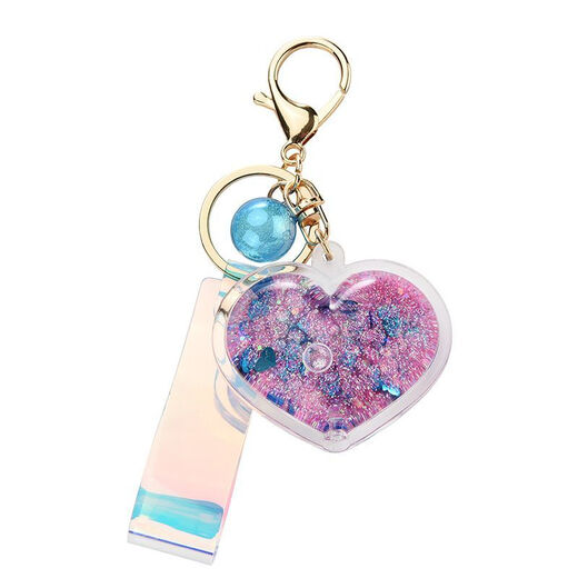 
School bag hanging chain for women creative acrylic into oil bottle quicksand love keychain glitter pink peach heart women Korean cute jewelry pink + fantasy beads + short fantasy color rope quicksand love heart