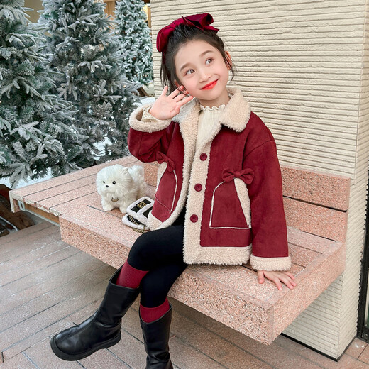 Qiyuxin children's clothing girls velvet jacket winter children's cotton coat 2025 new girl baby warm quilted jacket coat velvet red coat 140 (suitable for height 130-140cm)