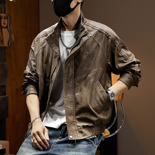 
JEEP SPIRIT Jeep Leather Jacket Maillard Retro Motorcycle Style PU Leather Jacket Men's Spring and Autumn Pilot Jacket Men's Park Coff Clay L Suitable for Weight 120-140Jin [Jin equals 0.5 kg]