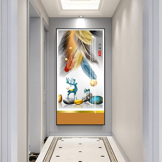 莫画泸林现代简约玄关装饰画正对门壁画走廊尽头挂画轻奢麋鹿过道入户门画 12-福禄吉祥12131 烤瓷镶钻80*160炫酷黑