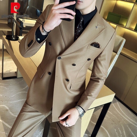 Pierre Cardin double-breasted brown high-end handsome suit men's suit Korean version slim wedding groom small suit jacket navy blue (suit + pants) 2XL