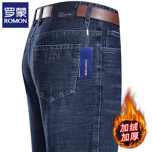 ROMON jeans men's spring and autumn thick cotton straight-leg deep crotch men's business casual pants versatile middle-aged and elderly daddy suit F3891 medium blue [added fleece] thickened 30