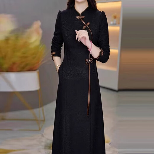 Mapping Hong Kong's big brand light luxury women's clothing autumn and winter new thickened long-sleeved dress Chinese style temperament improved cheongsam skirt black plus velvet ready for return and exchange XL recommended 111-120Jin Jin equals 0.5 kg
