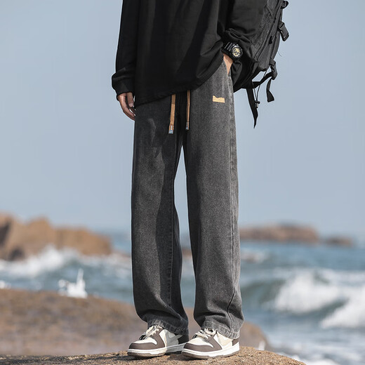 
xinshidu spring and summer American high street straight jeans men's loose wide-leg casual pants handsome retro pants men SXD838-black and gray [regular] XL code (recommended 130-150Jin [Jin equals 0.5 kg])