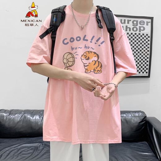 稻草人t恤短袖男生夏季2025新款男装潮牌潮流青少年宽松半袖上衣服 黑色DT9794 M