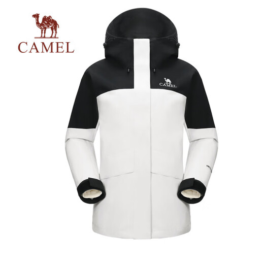 骆驼（CAMEL）三防羽绒冲锋衣男女三合一外套秋季工装幻影黑防水登山服 1098，幻影黑/暖白，女 L