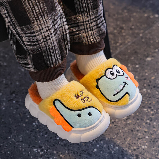 Children's cotton slippers autumn and winter boys indoor home 2025 new baby girl child dinosaur anti-slip parent-child slippers upgraded version gray slippers 12 26/27 size (shoe length 16CM suitable for feet 15