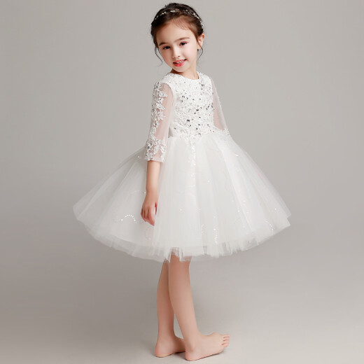 Xiaokayi Nong girls princess dress tutu yarn children evening dress flower girl wedding dress small host piano performance suit broken code 098 fixed beads white long style A5150cm