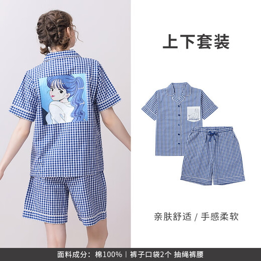 tutuanna5折家居服套装 女 Peloringirl格子大印花短袖短裤上下套 261708-海军蓝 均码 上衣160/84A 裤子160/70A
