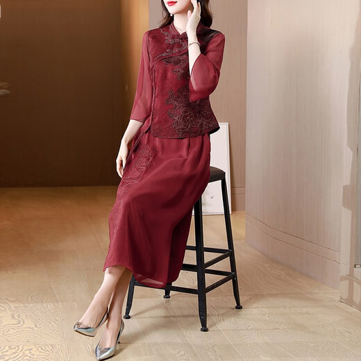 卡搭（kraallda）品牌香云纱套装女桑蚕丝真丝两件套皮草绣花复古中式喜婆婆婚宴裙 红色 L