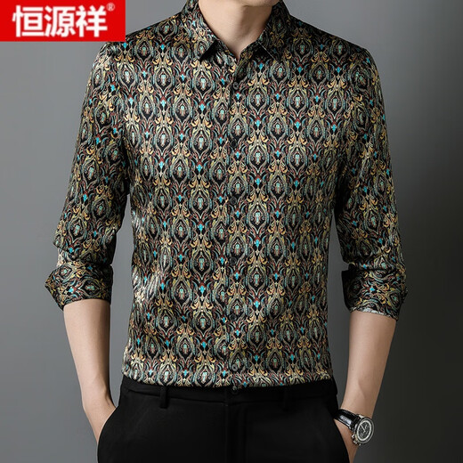 Hengyuanxiang 100% heavyweight silk long-sleeved shirt men's autumn middle-aged men's fashion mulberry silk fashion casual floral shirt 9853 long-sleeved shirt khaki 175