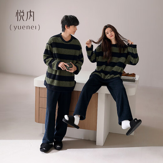 Yuenei Half Velvet Couple Pajamas Women's Autumn and Winter Coral Velvet Plus Velvet Thickened Warm Home Clothing Men's Suit 24376 Dark Green Pattern Women's XL (Male 140-160 Jin Jin equals 0.5 kg / Female 120-140 Jin Jin equals 0.5 kg)