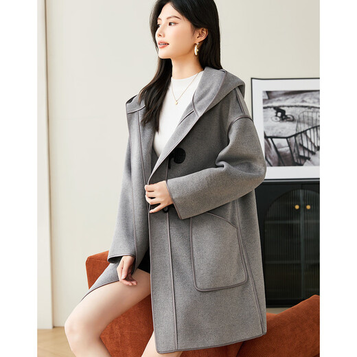 Demana retro age-reducing spring and autumn hooded straight long-sleeved off-shoulder double-sided woolen horn button jacket for women mid-length