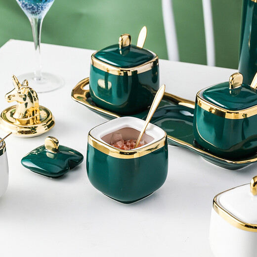 Mccarren single Nordic simple light luxury seasoning jar ceramic seasoning box seasoning bottle salt MSG jar kitchen household with lid square jar + emerald with 1 gold spoon + 1 ceramic spoon