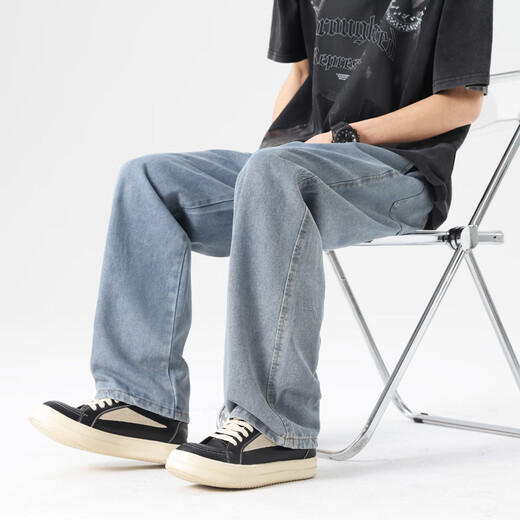 顶峰保罗（Dingfengbaoluo）美式牛仔裤男生秋季直筒裤子宽松休闲阔腿长裤DFK24复古蓝M