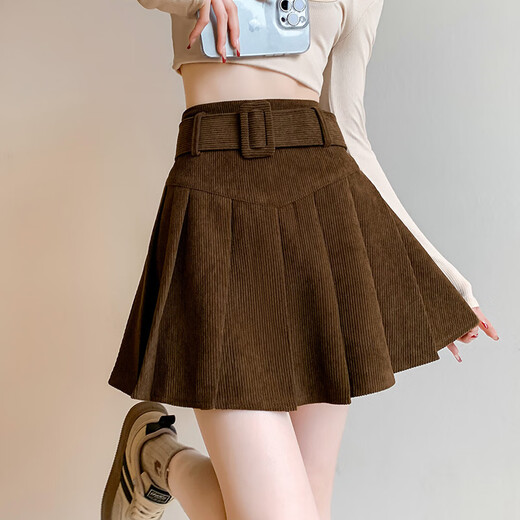 Minsheng corduroy skirt autumn and winter 2024 new high waist slim design pleated skirt niche A-line short skirt for women brown L size