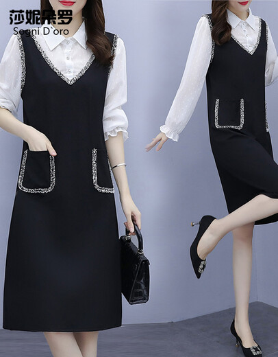 Shanidoluo large size women's spring and autumn clothing new style fat MM fat man looks slim and covers belly fake two-piece dress 16753 black 2XL recommended 130-150Jin [Jin equals 0.5 kg] wear