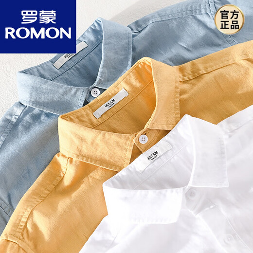 罗蒙（ROMON）男士亚麻翻领短袖t恤宽松翻领上衣服有带领T棉麻料体恤麻布夏装 yunyi-9711白色 3XL