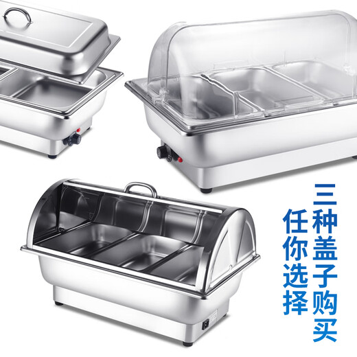 Suiqi Electric Heating Stainless Steel Buffet Insulated Stove Basin Commercial Hotel Buffet Stove Display Tray Thickened Pot Double Compartment Deepening 13 Liters with Transparent Cover/Mechanical Model