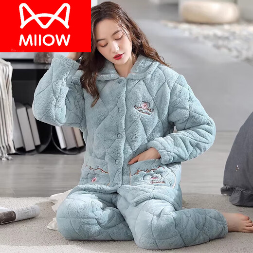 猫人（MiiOW）三层夹棉睡衣女冬季加厚加绒棉袄珊瑚绒中年妈妈保暖家居服 KQ6626 2XL
