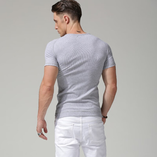 Continuez la chemise Henry, T-shirt à manches courtes pour hommes, T-shirt masculin à manches filets pour hommes, chemise de base en coton à manches courtes mince, Black (Henry) L Size (112-130Jin [Jin est égal à 0,5 kg]) Slim Fit Style Slim Fit Style
