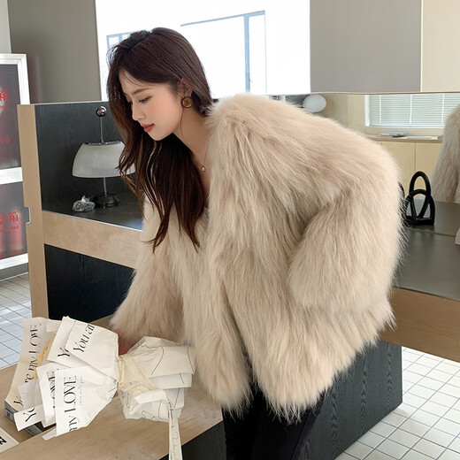 雅萨芭玛貉子毛双面编织皮草外套女中长款狐狸毛2025年新款P9731 奶茶色 均码