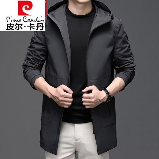 皮尔卡丹（pierre cardin）【易穿搭】中长款风衣男士连帽衫外套春秋季宽松大码运动休闲 黑色 180/XL