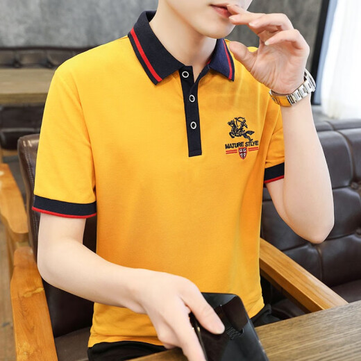 BABIBOYPOLO shirt men's stand collar fashionable British style short-sleeved T-shirt men's embroidered casual business slim versatile Paul shirt men's top yellow M