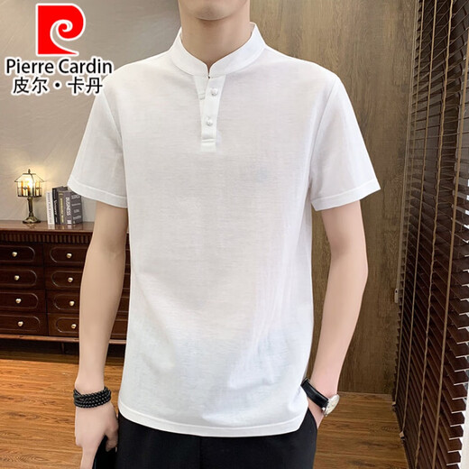 皮尔卡丹（pierre cardin）棉麻短袖t恤男夏季立领新中式polo汗衫潮牌男款中国风亚麻半袖 绿色 4XL